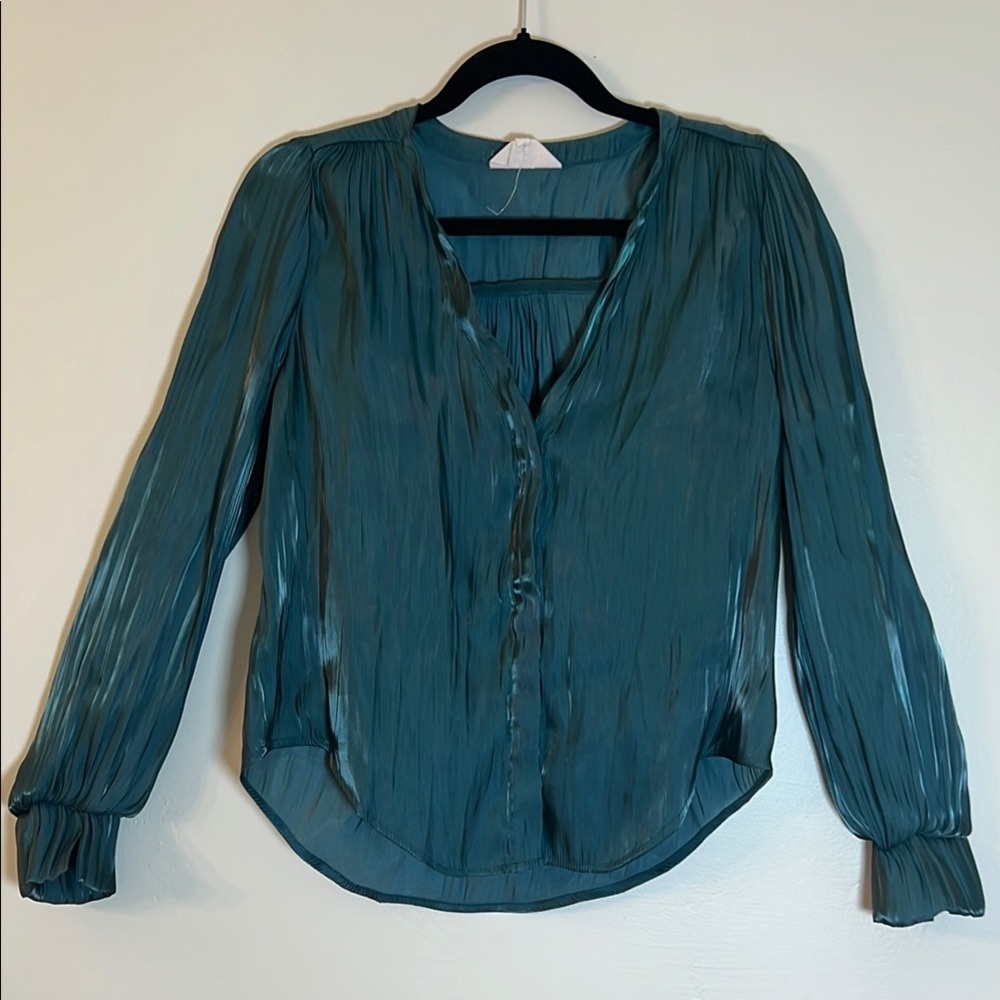Melloday Women's Green Blouse Button Down Polyester Long Sleeve Shirt Small